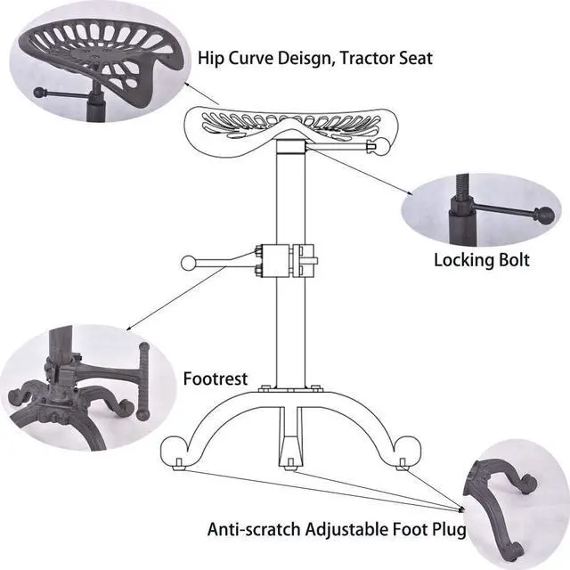 Alt view image 3 of 7 - Industrial Bar Stool-Swivel Tractor Seat-Kitchen Dining Counter Chair-Extra Pub Height- Adjustable 24.8-31"-Iron Cast Design