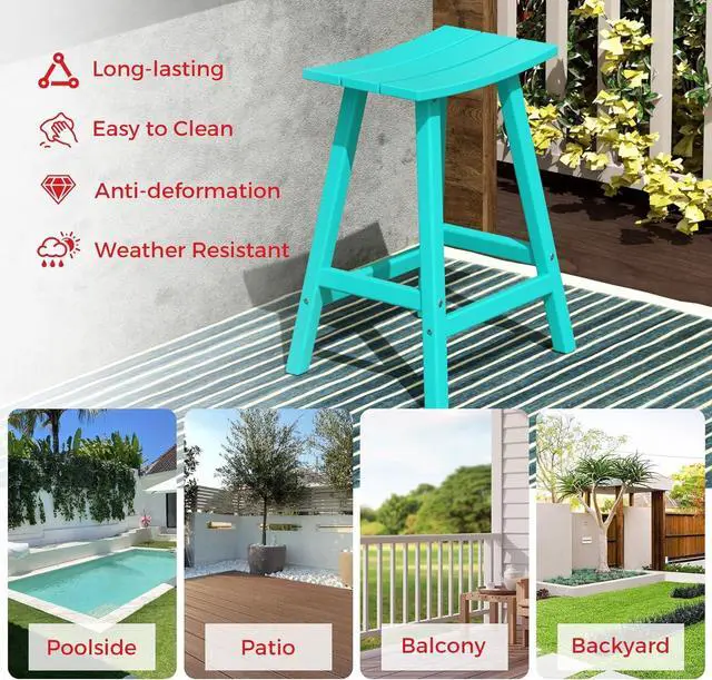 Alt view image 7 of 7 - 24" Height Outdoor Bar Stools, All-Weather Bar Stools, Adirondack Poly Patio Bar Stool for Patio, Deck, Kitchen Counter and Garden, Turquoise