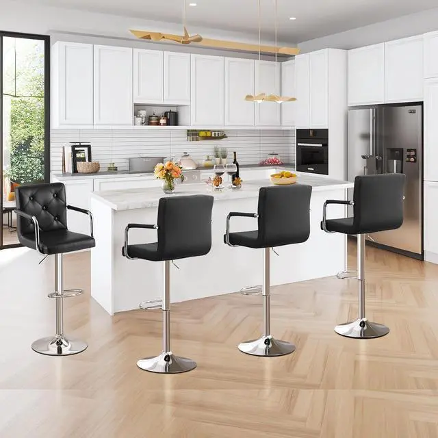 Alt view image 2 of 7 - VECELO Bar Stools, Adjustable Bar Stools Set of 4, Counter Height Barstool with Back and Arms, Swivel PU Leather Bar Chairs for Kitchen/Island, Black