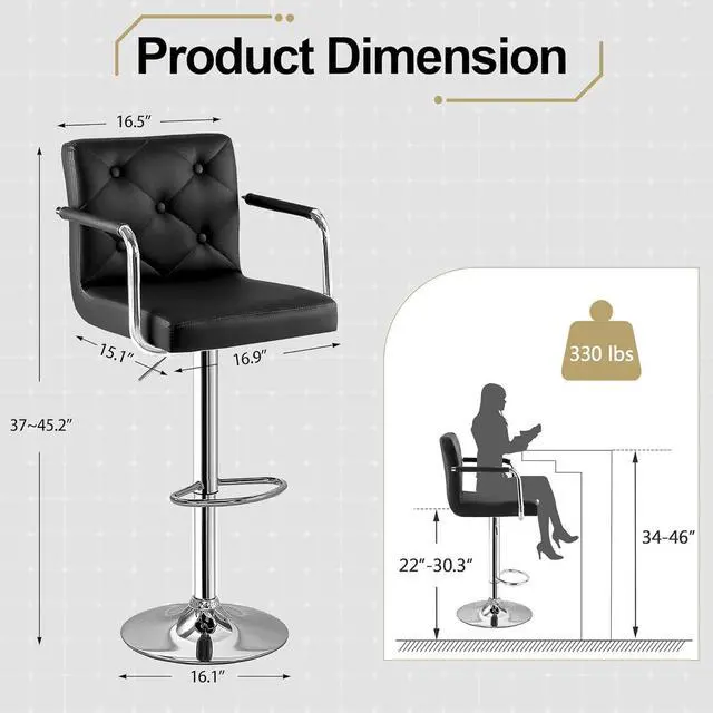 Alt view image 3 of 7 - VECELO Bar Stools, Adjustable Bar Stools Set of 4, Counter Height Barstool with Back and Arms, Swivel PU Leather Bar Chairs for Kitchen/Island, Black