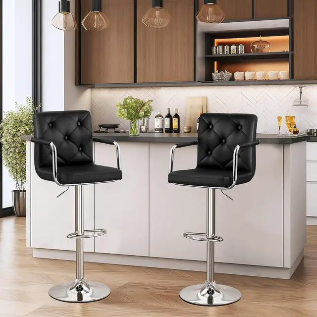 Alt view image 7 of 7 - VECELO Bar Stools, Adjustable Bar Stools Set of 4, Counter Height Barstool with Back and Arms, Swivel PU Leather Bar Chairs for Kitchen/Island, Black