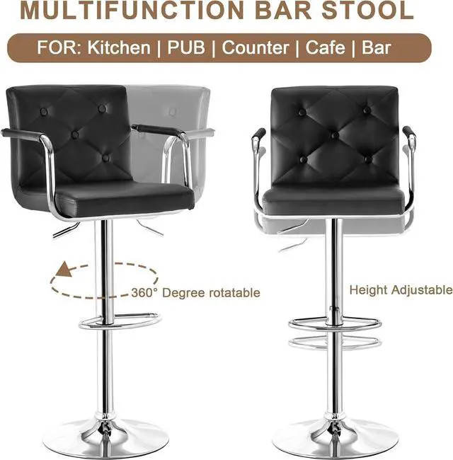 Alt view image 5 of 7 - VECELO Bar Stools, Adjustable Bar Stools Set of 4, Counter Height Barstool with Back and Arms, Swivel PU Leather Bar Chairs for Kitchen/Island, Black