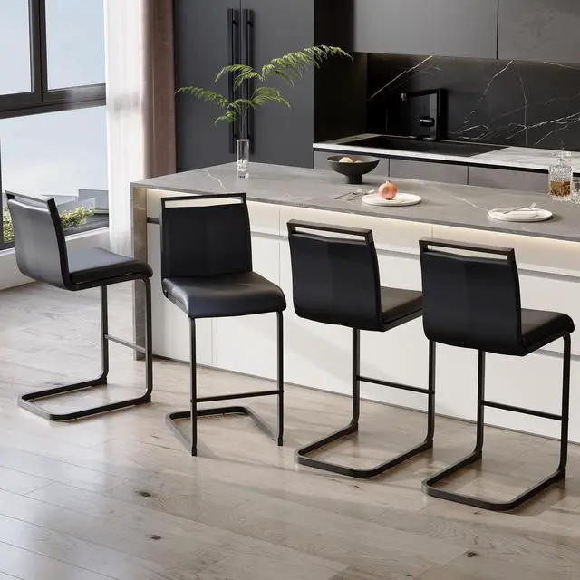 Main image of Bar Stools Set of 4,25" Counter Height Bar Stools with Footrest,Black Faux Leather Kitchen Stools with Black Painted Metal Leg,Counter Height Stools Ideal for Island Pub Kitchen Counter