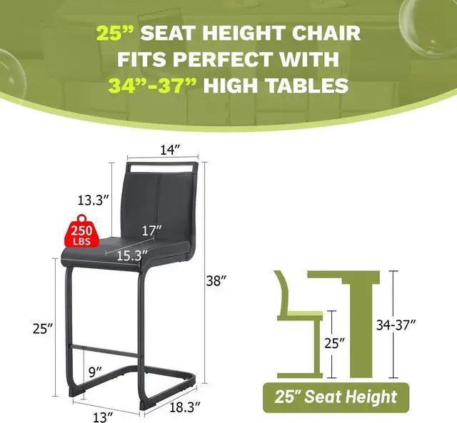 Alt view image 2 of 6 - Bar Stools Set of 4,25" Counter Height Bar Stools with Footrest,Black Faux Leather Kitchen Stools with Black Painted Metal Leg,Counter Height Stools Ideal for Island Pub Kitchen Counter