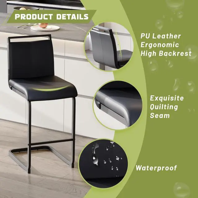 Alt view image 4 of 6 - Bar Stools Set of 4,25" Counter Height Bar Stools with Footrest,Black Faux Leather Kitchen Stools with Black Painted Metal Leg,Counter Height Stools Ideal for Island Pub Kitchen Counter