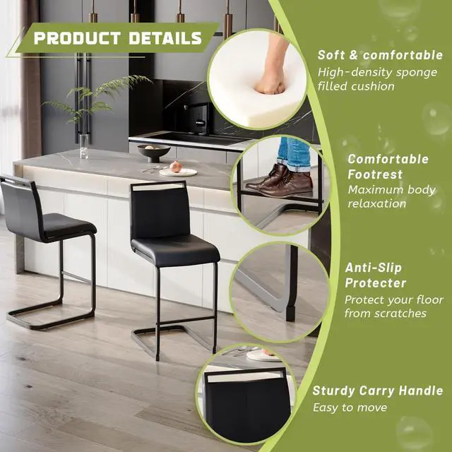 Alt view image 5 of 6 - Bar Stools Set of 4,25" Counter Height Bar Stools with Footrest,Black Faux Leather Kitchen Stools with Black Painted Metal Leg,Counter Height Stools Ideal for Island Pub Kitchen Counter