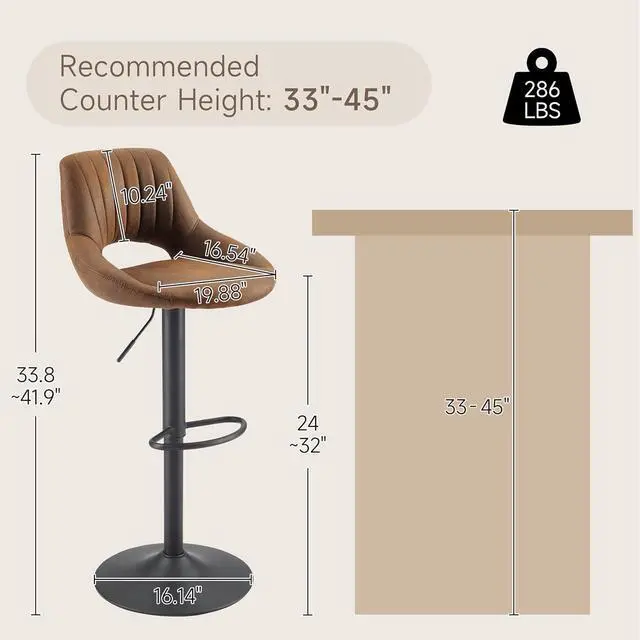 Alt view image 2 of 7 - Volans Swivel Bar Stools Set of 4, Mid Century Modern Height Adjustable Barstools, Counter to Bar Height Chairs with Back for Home Kitchen, Suede Fabric, Brown