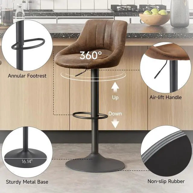 Alt view image 3 of 7 - Volans Swivel Bar Stools Set of 4, Mid Century Modern Height Adjustable Barstools, Counter to Bar Height Chairs with Back for Home Kitchen, Suede Fabric, Brown