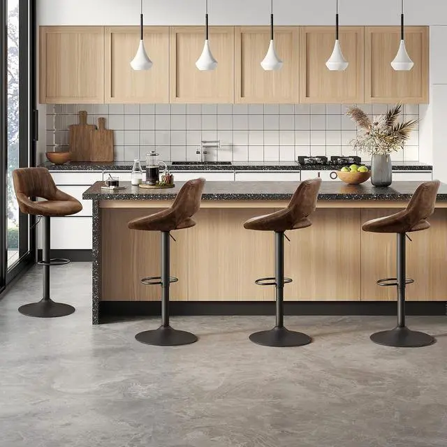 Alt view image 7 of 7 - Volans Swivel Bar Stools Set of 4, Mid Century Modern Height Adjustable Barstools, Counter to Bar Height Chairs with Back for Home Kitchen, Suede Fabric, Brown