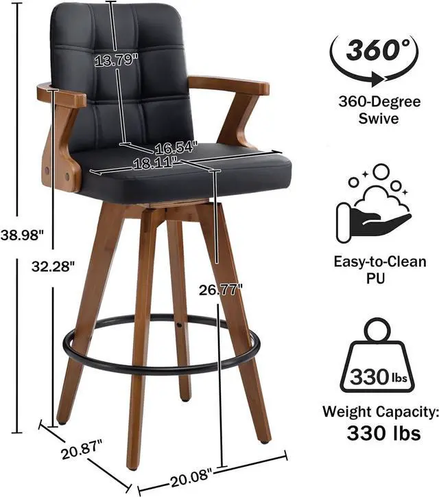 Alt view image 2 of 7 - Black Bar Stools Set of 2,Counter Height Bar Stools 26 H,Modern Faux Leather Kitchen Bar Stools with Back,Bar Height Chairs,Swivel Bar Stools for Kitchen Island