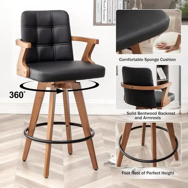 Alt view image 3 of 7 - Black Bar Stools Set of 2,Counter Height Bar Stools 26 H,Modern Faux Leather Kitchen Bar Stools with Back,Bar Height Chairs,Swivel Bar Stools for Kitchen Island
