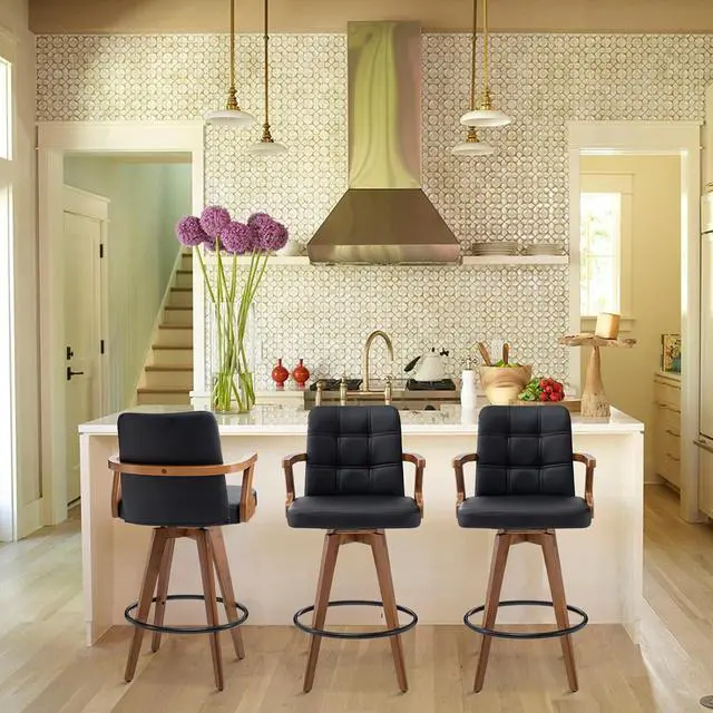 Alt view image 4 of 7 - Black Bar Stools Set of 2,Counter Height Bar Stools 26 H,Modern Faux Leather Kitchen Bar Stools with Back,Bar Height Chairs,Swivel Bar Stools for Kitchen Island