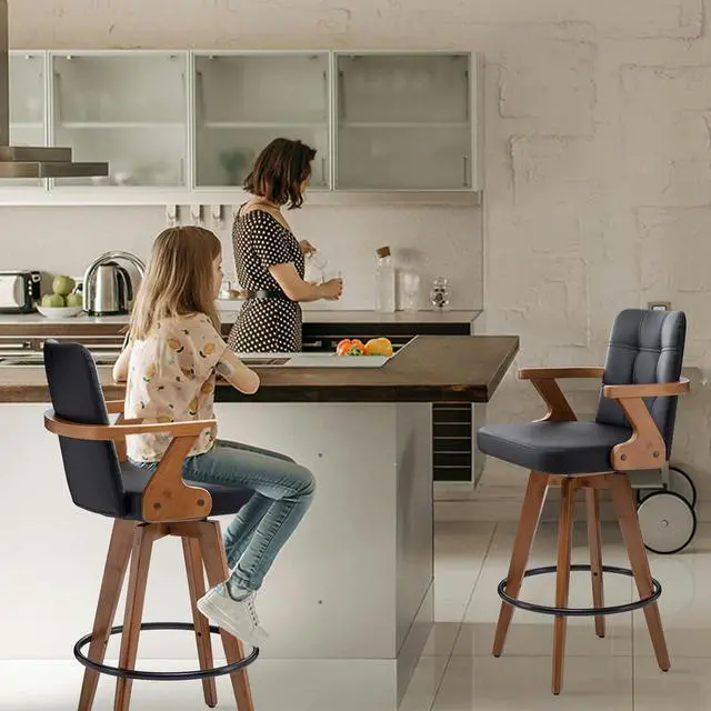 Alt view image 5 of 7 - Black Bar Stools Set of 2,Counter Height Bar Stools 26 H,Modern Faux Leather Kitchen Bar Stools with Back,Bar Height Chairs,Swivel Bar Stools for Kitchen Island