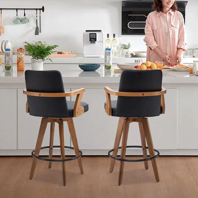 Alt view image 6 of 7 - Black Bar Stools Set of 2,Counter Height Bar Stools 26 H,Modern Faux Leather Kitchen Bar Stools with Back,Bar Height Chairs,Swivel Bar Stools for Kitchen Island