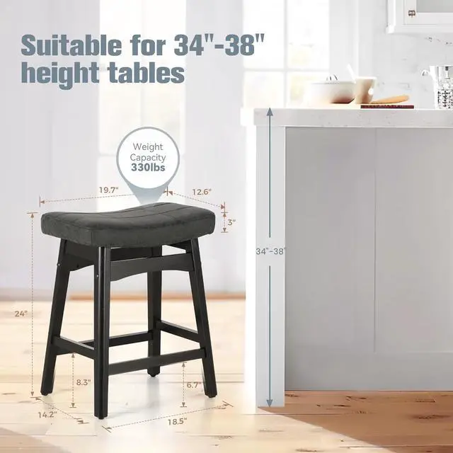 Alt view image 2 of 7 - Black Solid Wood Bar Stools Set of 4 for Kitchen Counter Height Barstools with Faux Leather Saddle Seat Farmhouse Upholstered Stools for 34"-38" Counter Island, 24 Inches Height, Black