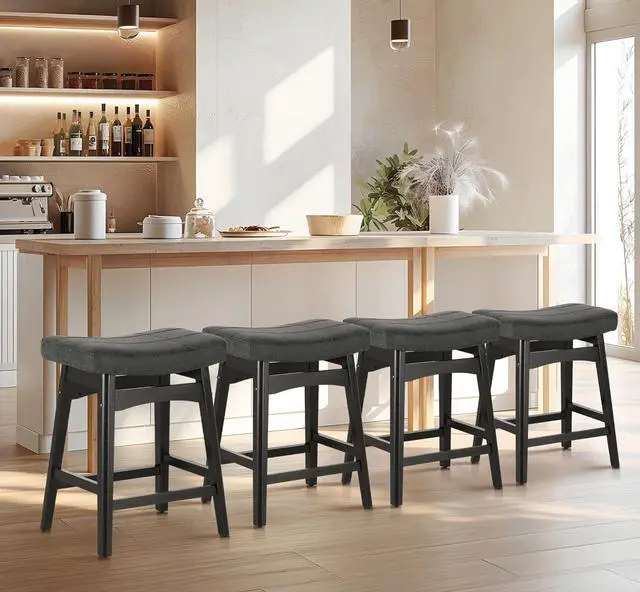 Alt view image 3 of 7 - Black Solid Wood Bar Stools Set of 4 for Kitchen Counter Height Barstools with Faux Leather Saddle Seat Farmhouse Upholstered Stools for 34"-38" Counter Island, 24 Inches Height, Black