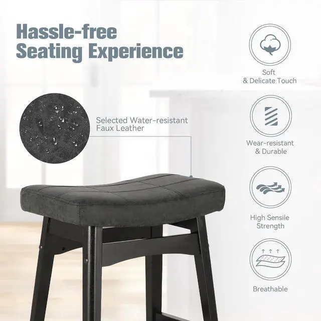Alt view image 5 of 7 - Black Solid Wood Bar Stools Set of 4 for Kitchen Counter Height Barstools with Faux Leather Saddle Seat Farmhouse Upholstered Stools for 34"-38" Counter Island, 24 Inches Height, Black