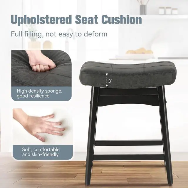 Alt view image 6 of 7 - Black Solid Wood Bar Stools Set of 4 for Kitchen Counter Height Barstools with Faux Leather Saddle Seat Farmhouse Upholstered Stools for 34"-38" Counter Island, 24 Inches Height, Black