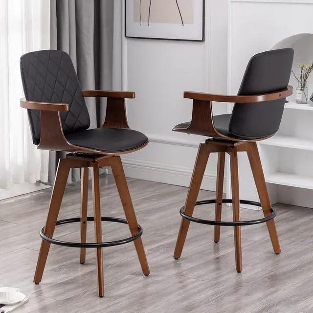 Main image of Bar Stools Set of 2, Upholstered Faux Leather Counter Height Bar Stools, Swivel Barstools with Wooden Arms and Legs (Black, 26" Seat Height)