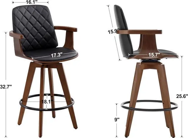 Alt view image 2 of 7 - Bar Stools Set of 2, Upholstered Faux Leather Counter Height Bar Stools, Swivel Barstools with Wooden Arms and Legs (Black, 26" Seat Height)