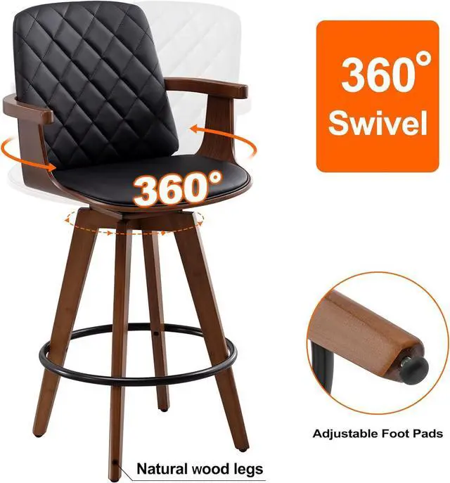 Alt view image 3 of 7 - Bar Stools Set of 2, Upholstered Faux Leather Counter Height Bar Stools, Swivel Barstools with Wooden Arms and Legs (Black, 26" Seat Height)