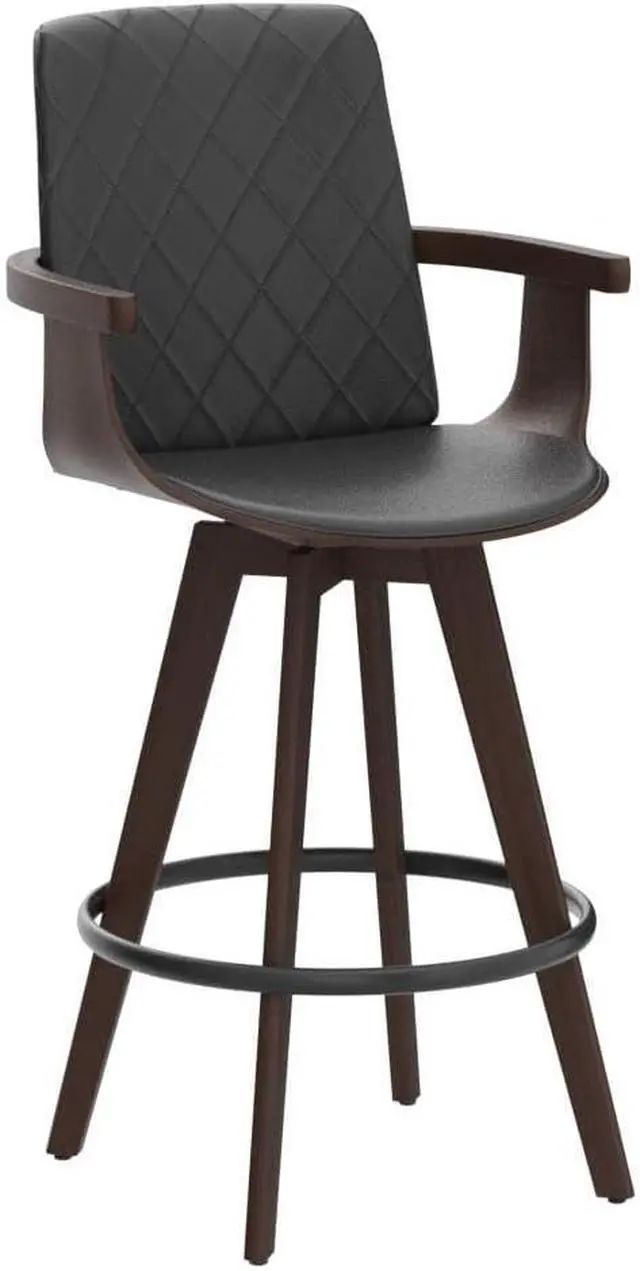 Alt view image 5 of 7 - Bar Stools Set of 2, Upholstered Faux Leather Counter Height Bar Stools, Swivel Barstools with Wooden Arms and Legs (Black, 26" Seat Height)