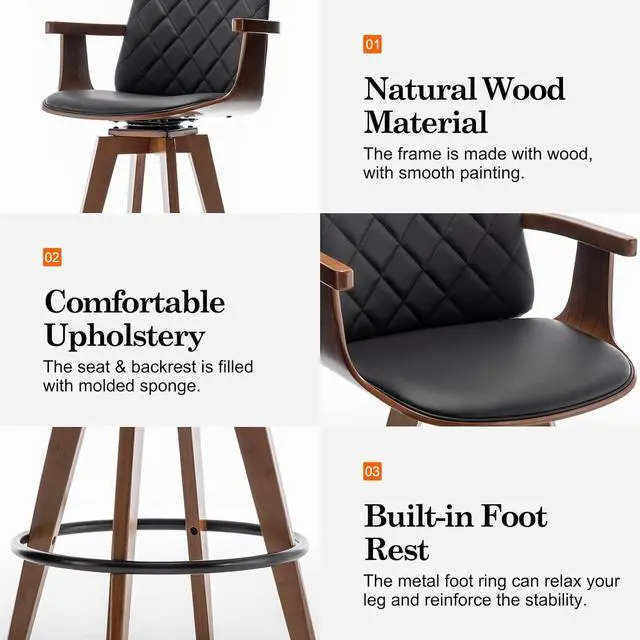 Alt view image 4 of 7 - Bar Stools Set of 2, Upholstered Faux Leather Counter Height Bar Stools, Swivel Barstools with Wooden Arms and Legs (Black, 26" Seat Height)
