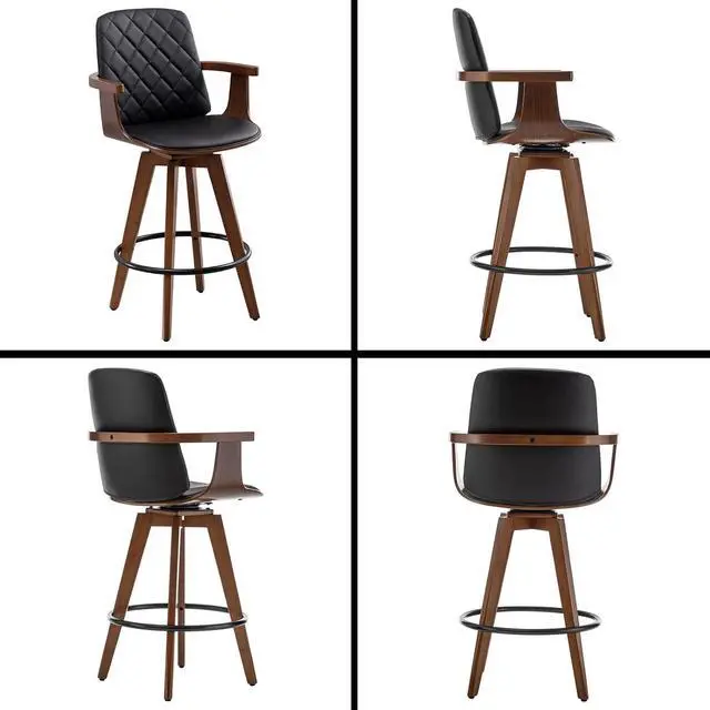 Alt view image 7 of 7 - Bar Stools Set of 2, Upholstered Faux Leather Counter Height Bar Stools, Swivel Barstools with Wooden Arms and Legs (Black, 26" Seat Height)