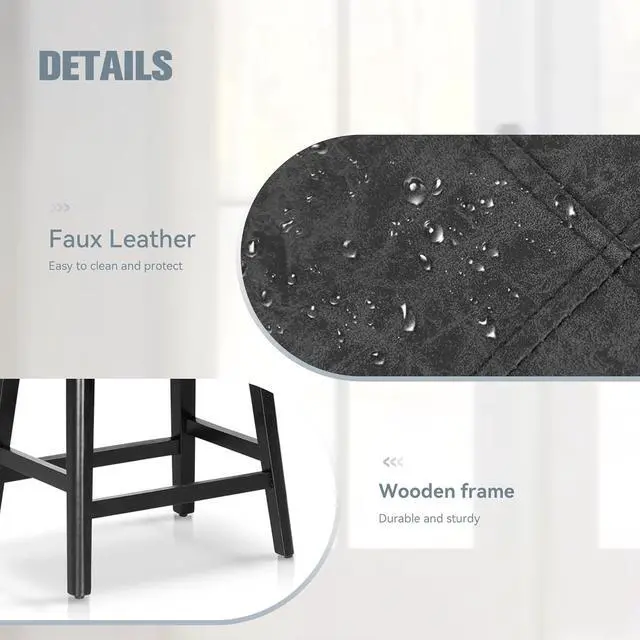 Alt view image 7 of 7 - Black Solid Wood Bar Stools Set of 4 for Kitchen Counter Height Barstools with Faux Leather Saddle Seat Farmhouse Upholstered Stools for 34"-38" Counter Island, 24 Inches Height, Black