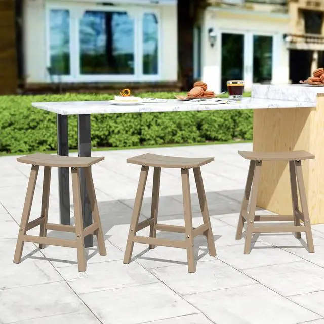 Alt view image 2 of 7 - All-Weather Bar Stools Set of 3, 24" Height Outdoor Bar Stools, Adirondack Poly Patio Bar Stool for Patio, Deck, Kitchen Counter and Garden, Weathered Wood