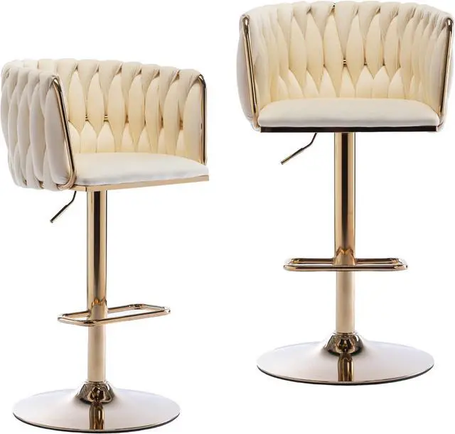 Main image of Homtique Bar Stool,Velvet Woven Bar Stools,Adjustable Counter Height Swivel Barstools with Low Back and Gold Base for Kitchen Island,Pub,Dining Room (2, Cream(Round Base))