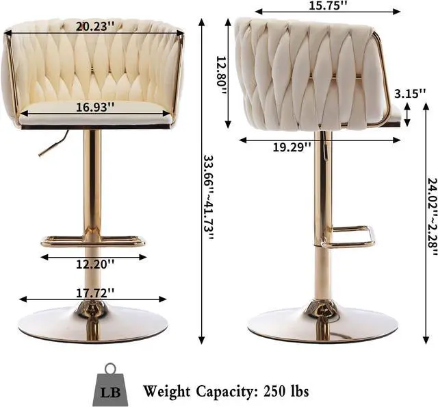 Alt view image 3 of 7 - Homtique Bar Stool,Velvet Woven Bar Stools,Adjustable Counter Height Swivel Barstools with Low Back and Gold Base for Kitchen Island,Pub,Dining Room (2, Cream(Round Base))