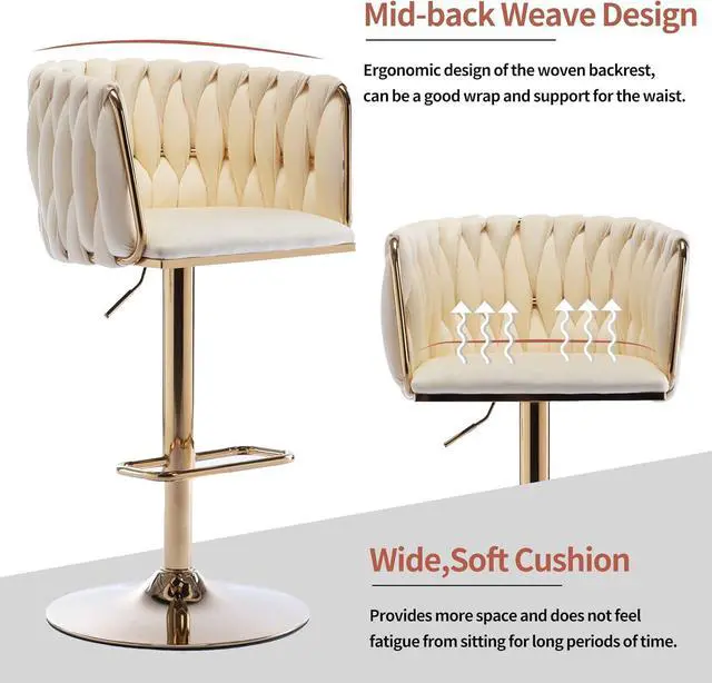 Alt view image 4 of 7 - Homtique Bar Stool,Velvet Woven Bar Stools,Adjustable Counter Height Swivel Barstools with Low Back and Gold Base for Kitchen Island,Pub,Dining Room (2, Cream(Round Base))
