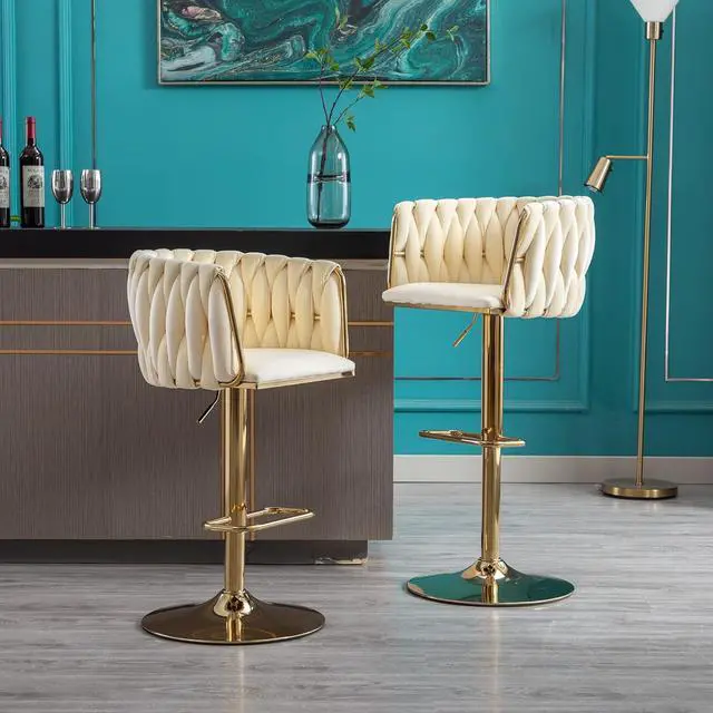 Alt view image 2 of 7 - Homtique Bar Stool,Velvet Woven Bar Stools,Adjustable Counter Height Swivel Barstools with Low Back and Gold Base for Kitchen Island,Pub,Dining Room (2, Cream(Round Base))