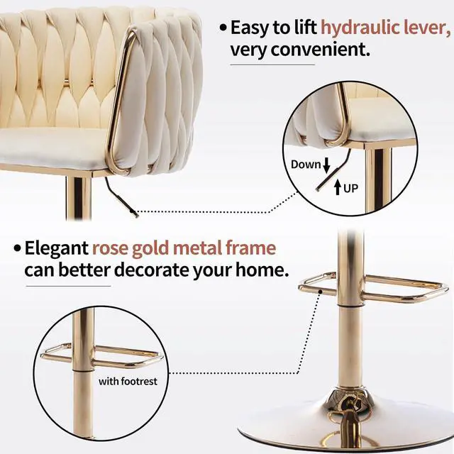 Alt view image 6 of 7 - Homtique Bar Stool,Velvet Woven Bar Stools,Adjustable Counter Height Swivel Barstools with Low Back and Gold Base for Kitchen Island,Pub,Dining Room (2, Cream(Round Base))