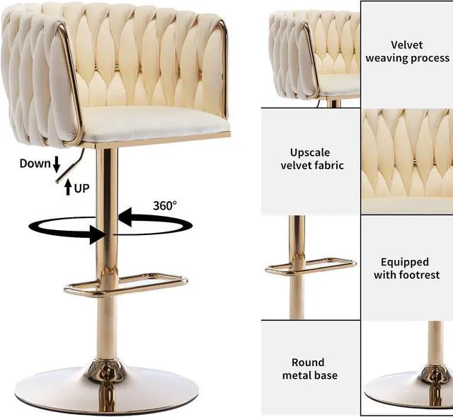 Alt view image 7 of 7 - Homtique Bar Stool,Velvet Woven Bar Stools,Adjustable Counter Height Swivel Barstools with Low Back and Gold Base for Kitchen Island,Pub,Dining Room (2, Cream(Round Base))