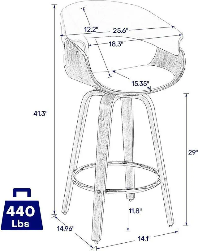 Alt view image 2 of 7 - Bar Stools, Swivel Bar Stools with Walnut Bentwood Legs, 29 Inch Bar Height, Upholstered PU Leather Barstools with Backs, Mid-Century Kitchen Island Dining Bar Stool Chairs, White