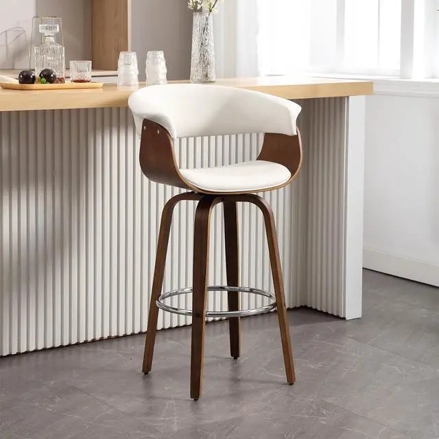 Main image of Bar Stools, Swivel Bar Stools with Walnut Bentwood Legs, 29 Inch Bar Height, Upholstered PU Leather Barstools with Backs, Mid-Century Kitchen Island Dining Bar Stool Chairs, White