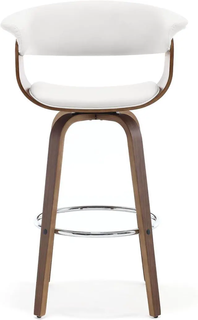 Alt view image 3 of 7 - Bar Stools, Swivel Bar Stools with Walnut Bentwood Legs, 29 Inch Bar Height, Upholstered PU Leather Barstools with Backs, Mid-Century Kitchen Island Dining Bar Stool Chairs, White