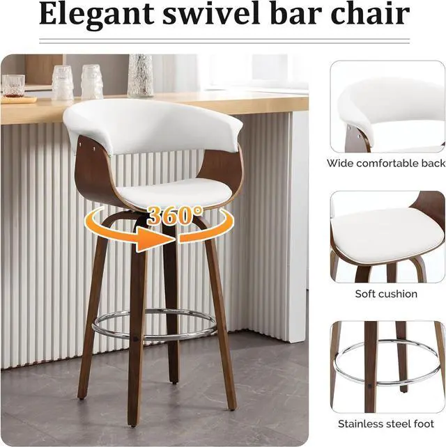 Alt view image 4 of 7 - Bar Stools, Swivel Bar Stools with Walnut Bentwood Legs, 29 Inch Bar Height, Upholstered PU Leather Barstools with Backs, Mid-Century Kitchen Island Dining Bar Stool Chairs, White