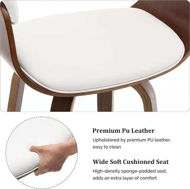 Alt view image 5 of 7 - Bar Stools, Swivel Bar Stools with Walnut Bentwood Legs, 29 Inch Bar Height, Upholstered PU Leather Barstools with Backs, Mid-Century Kitchen Island Dining Bar Stool Chairs, White