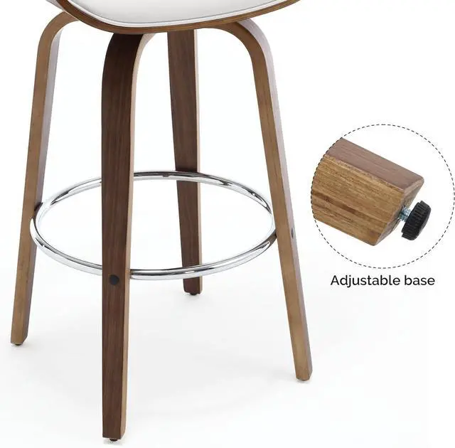 Alt view image 6 of 7 - Bar Stools, Swivel Bar Stools with Walnut Bentwood Legs, 29 Inch Bar Height, Upholstered PU Leather Barstools with Backs, Mid-Century Kitchen Island Dining Bar Stool Chairs, White