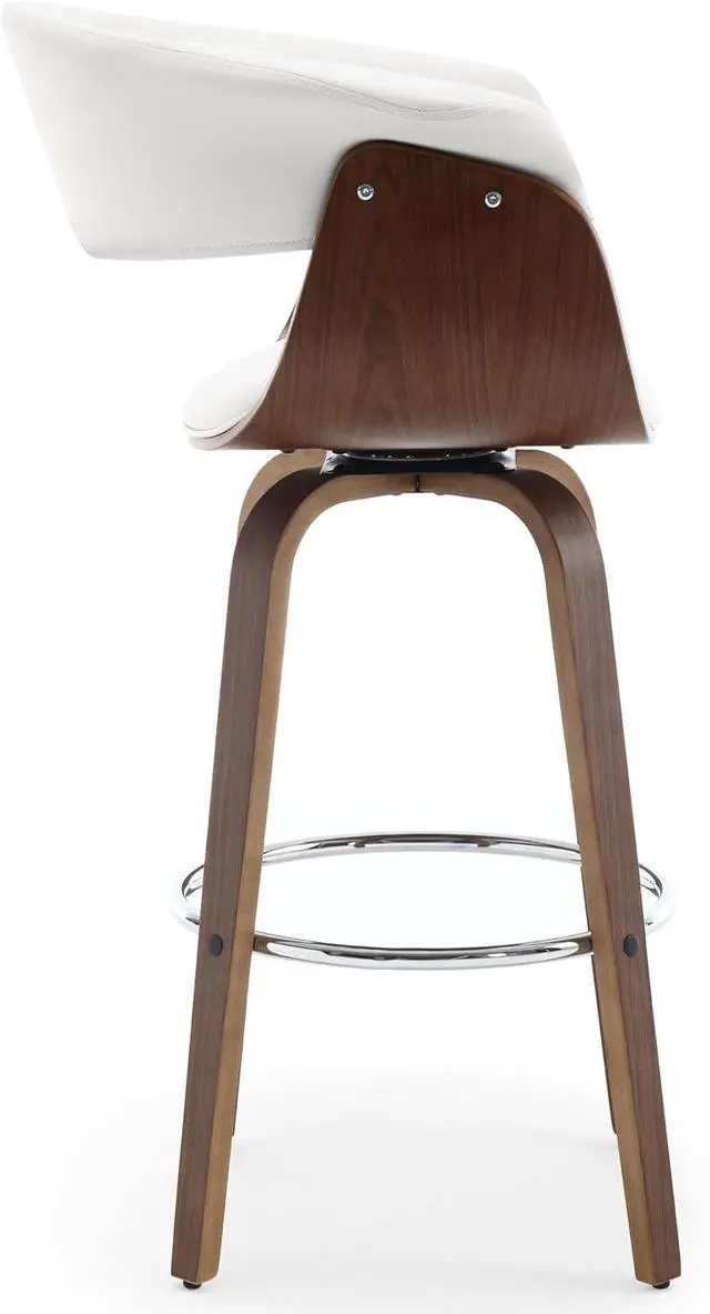 Alt view image 7 of 7 - Bar Stools, Swivel Bar Stools with Walnut Bentwood Legs, 29 Inch Bar Height, Upholstered PU Leather Barstools with Backs, Mid-Century Kitchen Island Dining Bar Stool Chairs, White
