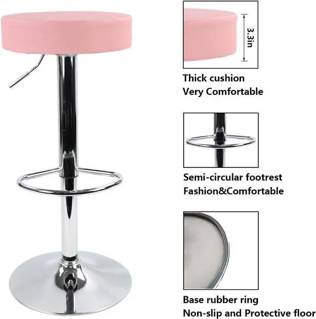 Alt view image 6 of 7 - KKTONER Round Bar Stool PU Leather with Footrest Height Adjustable Swivel Pub Chair Home Kitchen Bar stools Backless Stool (Pink)