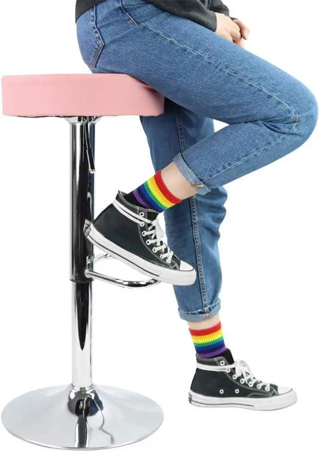 Alt view image 7 of 7 - KKTONER Round Bar Stool PU Leather with Footrest Height Adjustable Swivel Pub Chair Home Kitchen Bar stools Backless Stool (Pink)