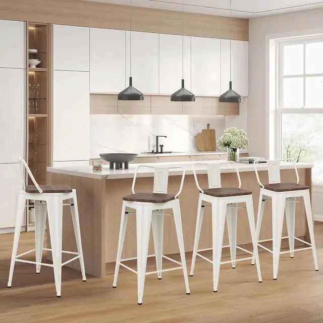 Alt view image 4 of 7 - HAOBO Home Modern Swivel Metal Bar Stools Counter Height Barstools with Wooden Seat for Indoor Dining Chair [Set of 4] (30", Swivel White)