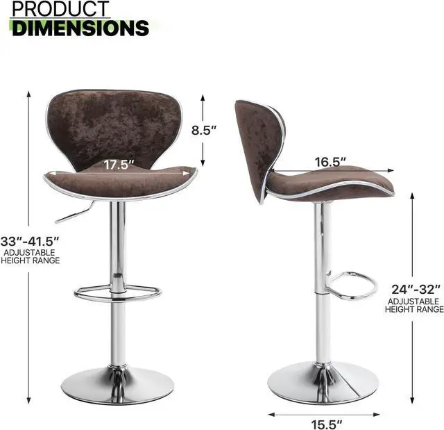 Alt view image 3 of 7 - Magshion Set of 2 Modern Velvet Upholstered Bar Stools, Adjustable Kitchen Counter Height Swivel Barstool Dining Chairs with Back and Footrest, Brown