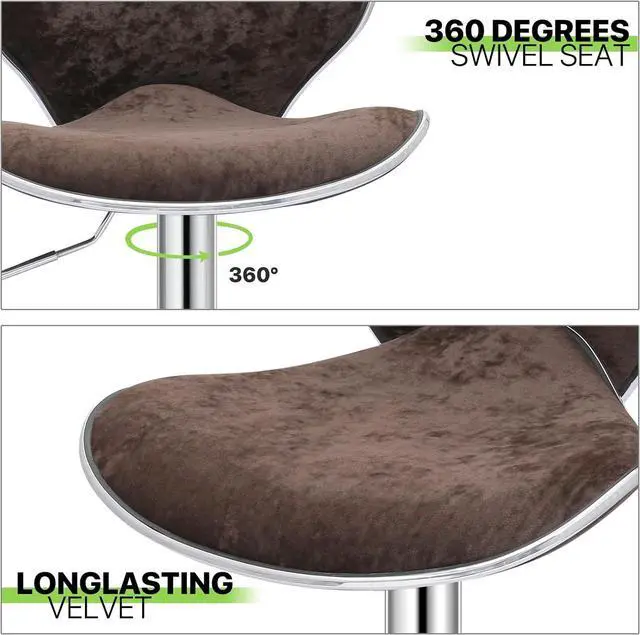 Alt view image 7 of 7 - Magshion Set of 2 Modern Velvet Upholstered Bar Stools, Adjustable Kitchen Counter Height Swivel Barstool Dining Chairs with Back and Footrest, Brown