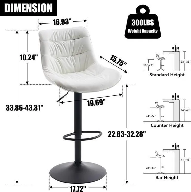 Alt view image 2 of 7 - Kidol & Shellder Bar Stools Set of 2 Swivel Adjustable Barstools for Kitchen Island Counter Height Bar Stool Upholstered Bar Chairs Modern Counter Stools PU Leather Bar Height Stools with Back(White)