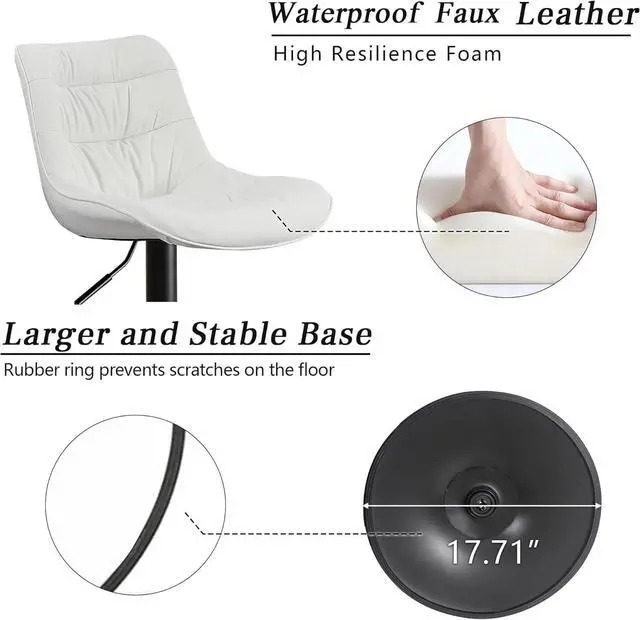 Alt view image 3 of 7 - Kidol & Shellder Bar Stools Set of 2 Swivel Adjustable Barstools for Kitchen Island Counter Height Bar Stool Upholstered Bar Chairs Modern Counter Stools PU Leather Bar Height Stools with Back(White)